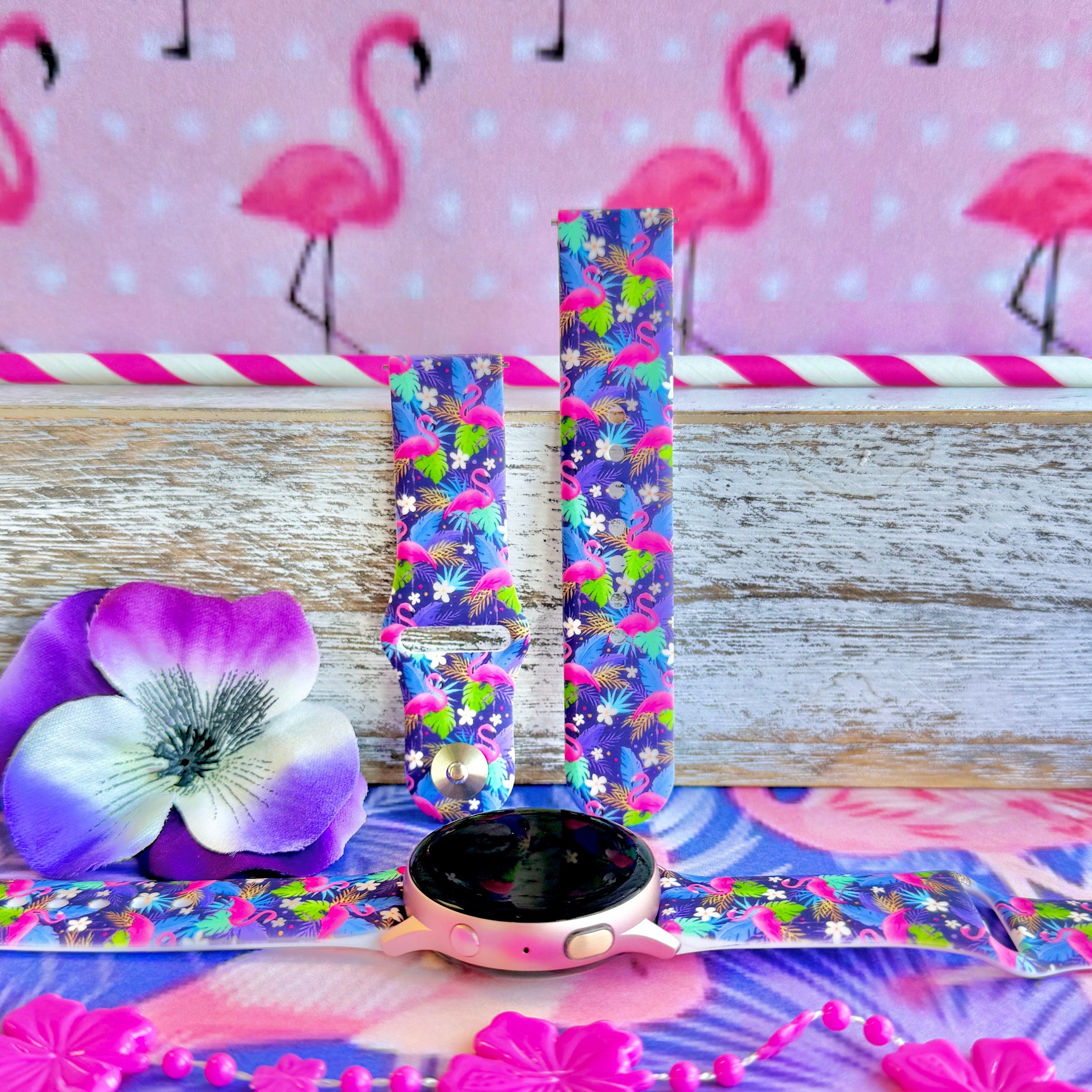 It's Giving Flamingo Samsung Watch band with pink flamingos and tropical palm leaves on blue background with flamingo decorations
