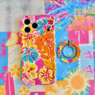 Sunset Hibiscus vibrant floral MagSafe phone grip ring with orange pink yellow and teal tropical pattern compatible with iPhone and Samsung