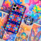 Stained Glass Dreams kaleidoscopic mosaic pattern MagSafe phone grip ring with vibrant purple teal and orange colors compatible with iPhone and Samsung
