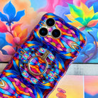Stained Glass Dreams kaleidoscopic mosaic pattern MagSafe phone grip ring with vibrant purple teal and orange colors compatible with iPhone and Samsung