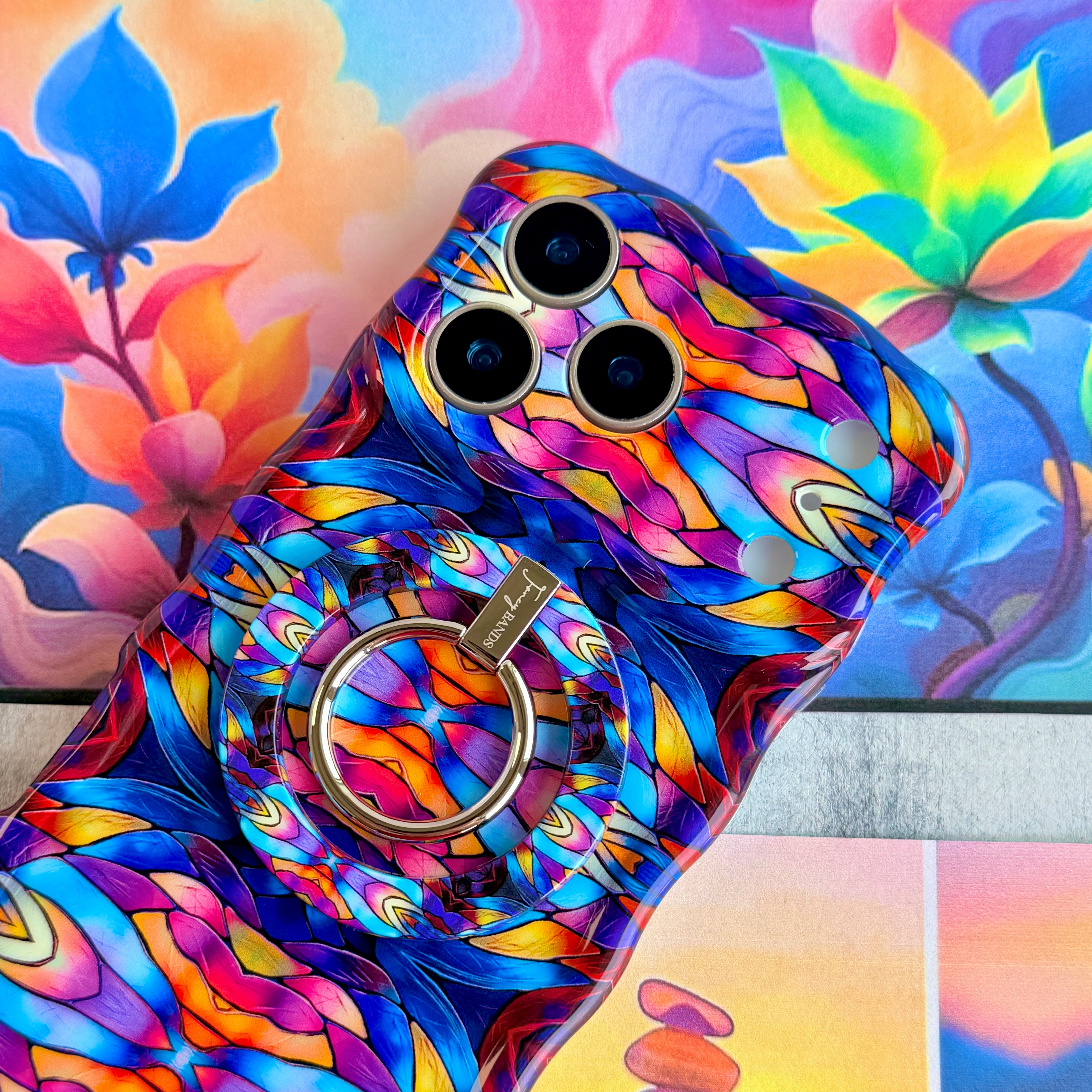 Stained Glass Dreams kaleidoscopic mosaic pattern MagSafe phone grip ring with vibrant purple teal and orange colors compatible with iPhone and Samsung