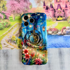 Wavy iPhone case featuring a magical enchanted forest with a twisted tree, glowing lanterns, fairy lights, and gold Once Upon A Time text.