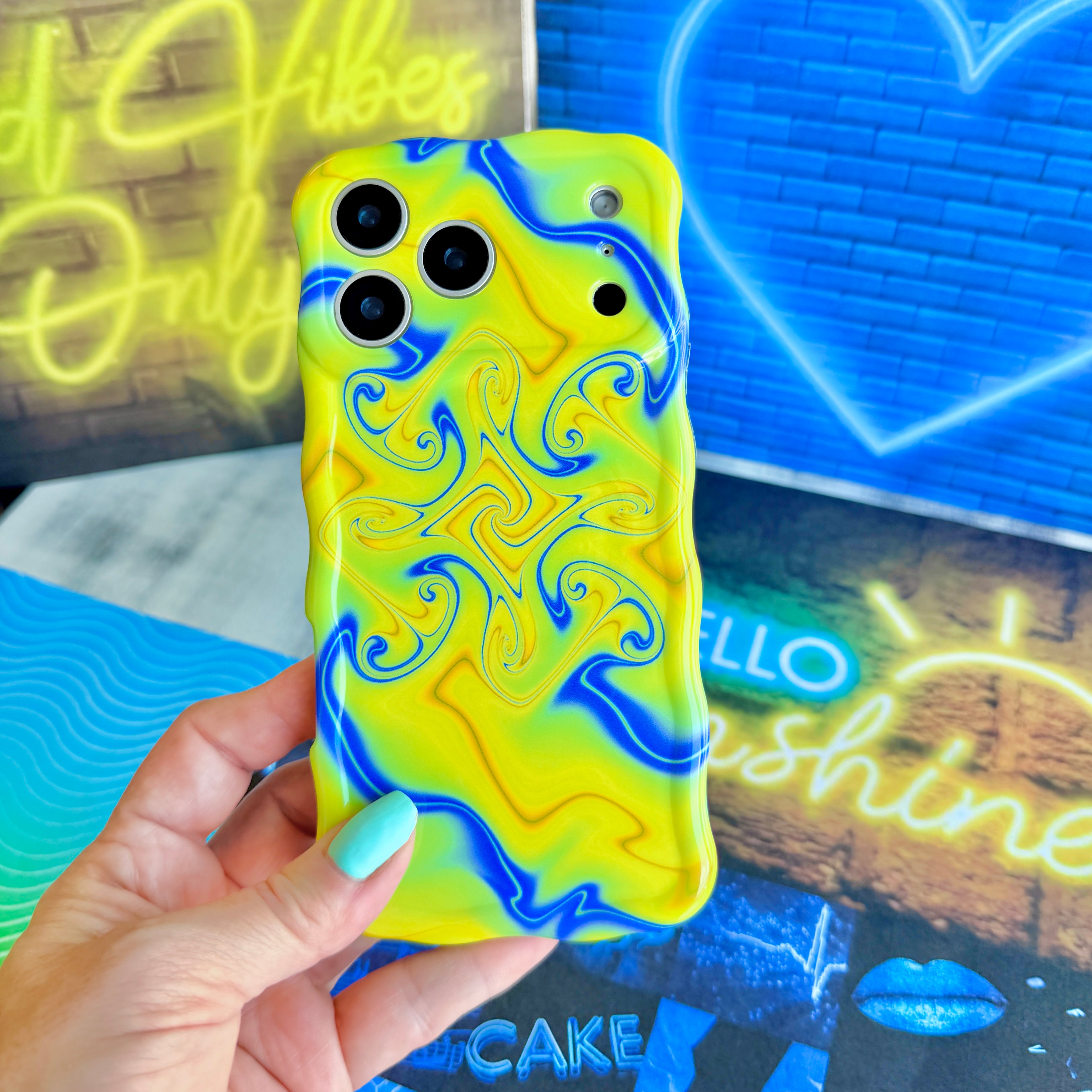 Full Voltage Wavy Case | Neon Yellow & Blue iPhone Cover – Fancy Bands