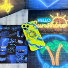 Trendy wavy iPhone case featuring an electric neon yellow and blue liquid swirl psychedelic pattern with a high-gloss finish.