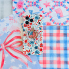 Red White and Bloom patriotic floral MagSafe phone grip ring with red navy and light blue watercolor flowers on a white background compatible with iPhone and Samsung