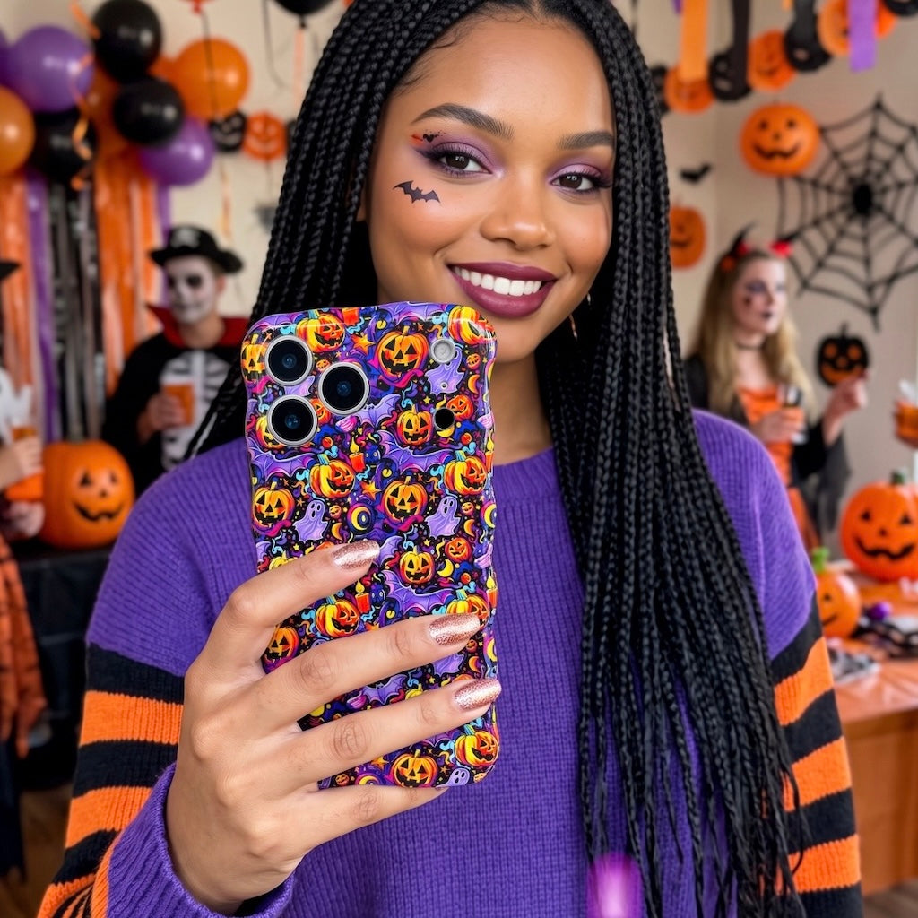 Woman holding the Jack-O-Lantern Jive Wavy Luxe MagSafe iPhone case at a Halloween party with orange and purple balloons.