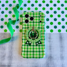Green Gingham Darling picnic plaid pattern MagSafe phone grip ring in meadow green and cream compatible with iPhone and Samsung