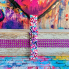 Bold graffiti heart silicone Samsung Watch band in pink, magenta, blue & teal. Street-art-inspired love print. Fits all Apple Watch models 38–49mm.