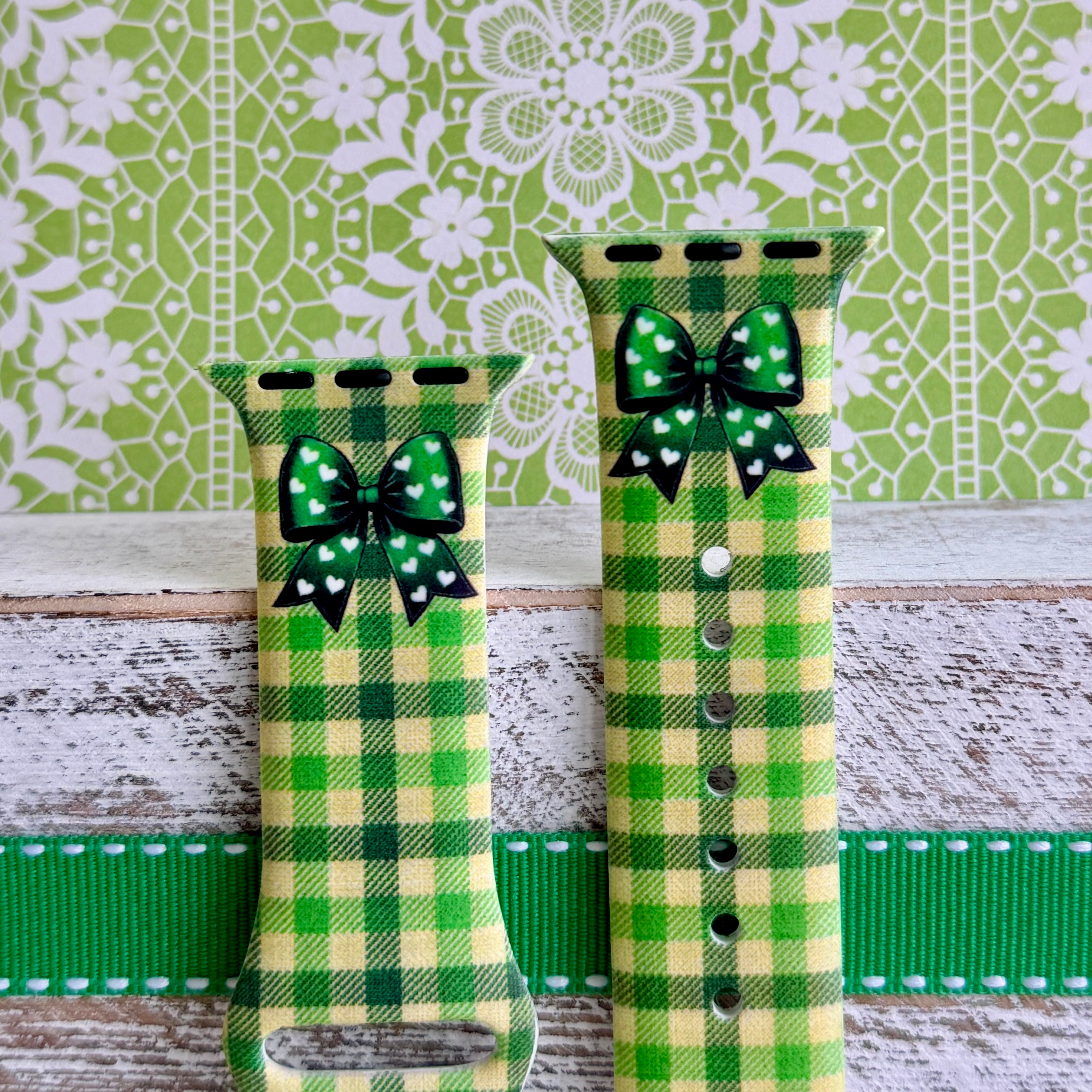 Green gingham Apple Watch band with bow detail on silicone strap