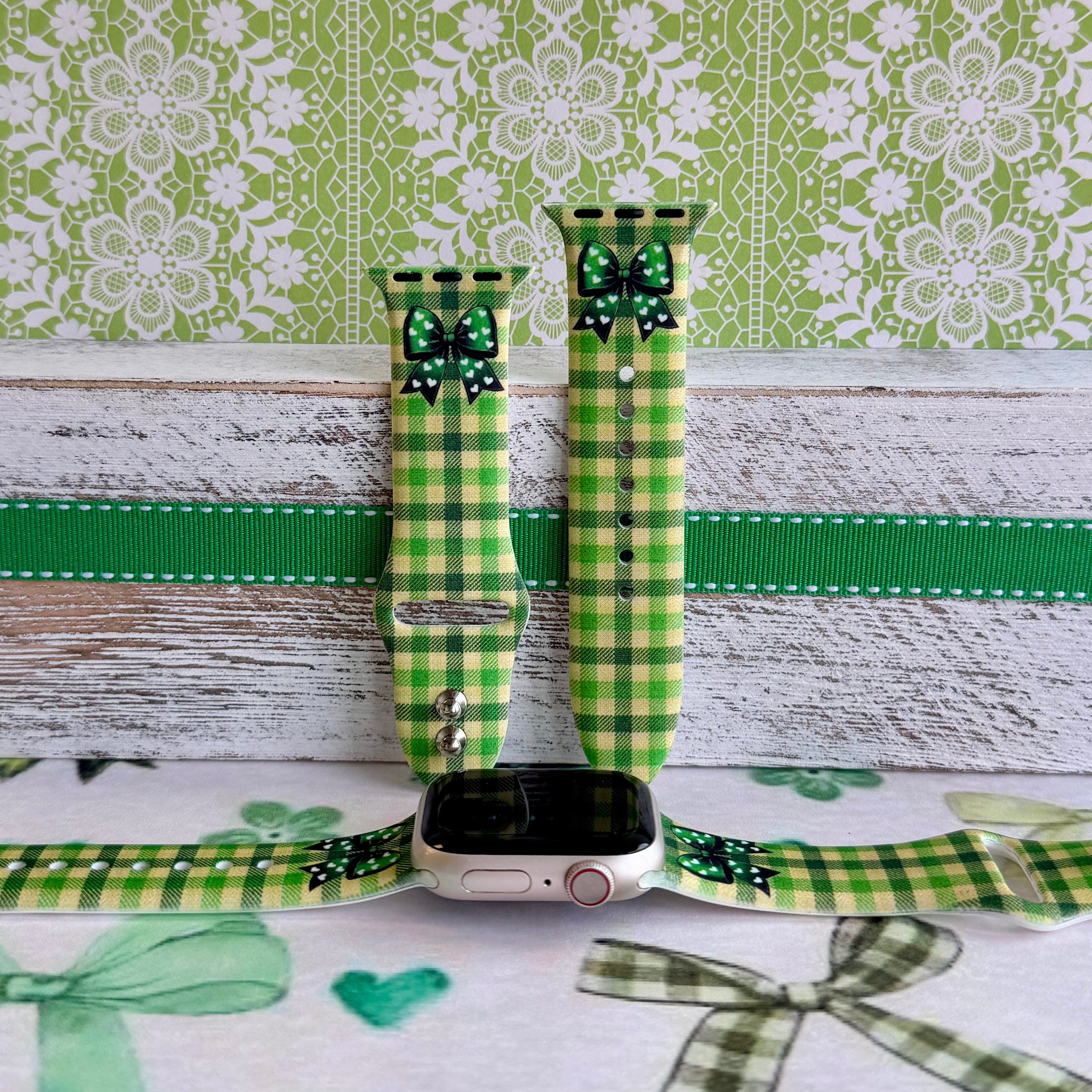 Green gingham Apple Watch band with bow detail on silicone strap