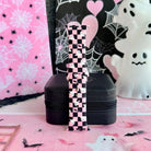 Hey Boo, Looking Cute silicone Apple Watch band displayed upright against a pink spiderweb and ghost backdrop.