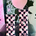 Both sizes of the Hey Boo, Looking Cute Apple Watch band side by side, close view of the pink and black checkerboard ghost and bat print.