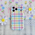 Wavy iPhone case featuring a multi-colored pastel gingham pattern in pink, yellow, green, and blue.