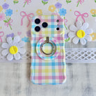 Pastel gingham phone ring grip used as kickstand for hands-free viewing