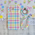 Pastel Gingham iPhone matching set with MagSafe case grip ring and Pastel Pop phone charm