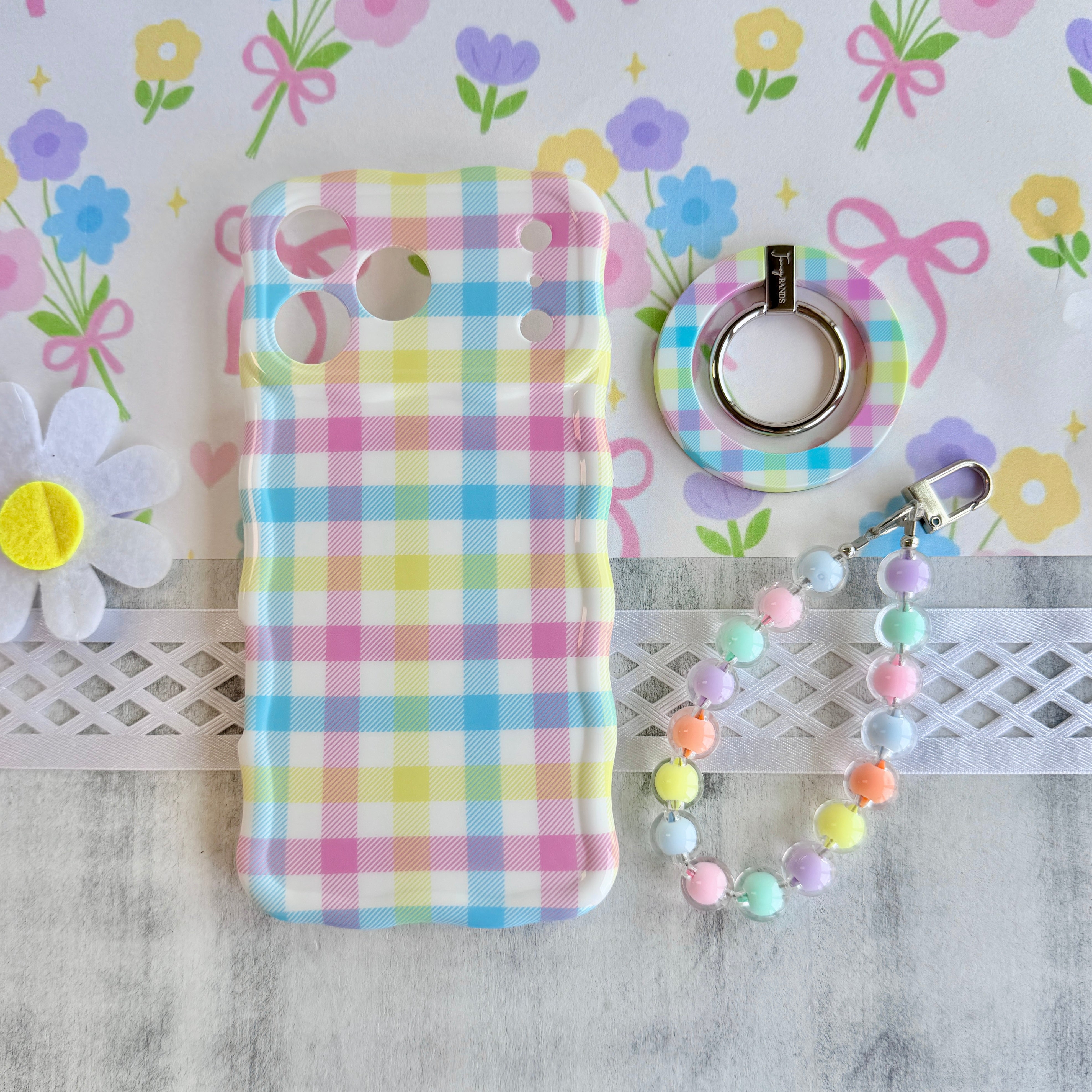 Pastel Gingham iPhone matching set with MagSafe case grip ring and Pastel Pop phone charm