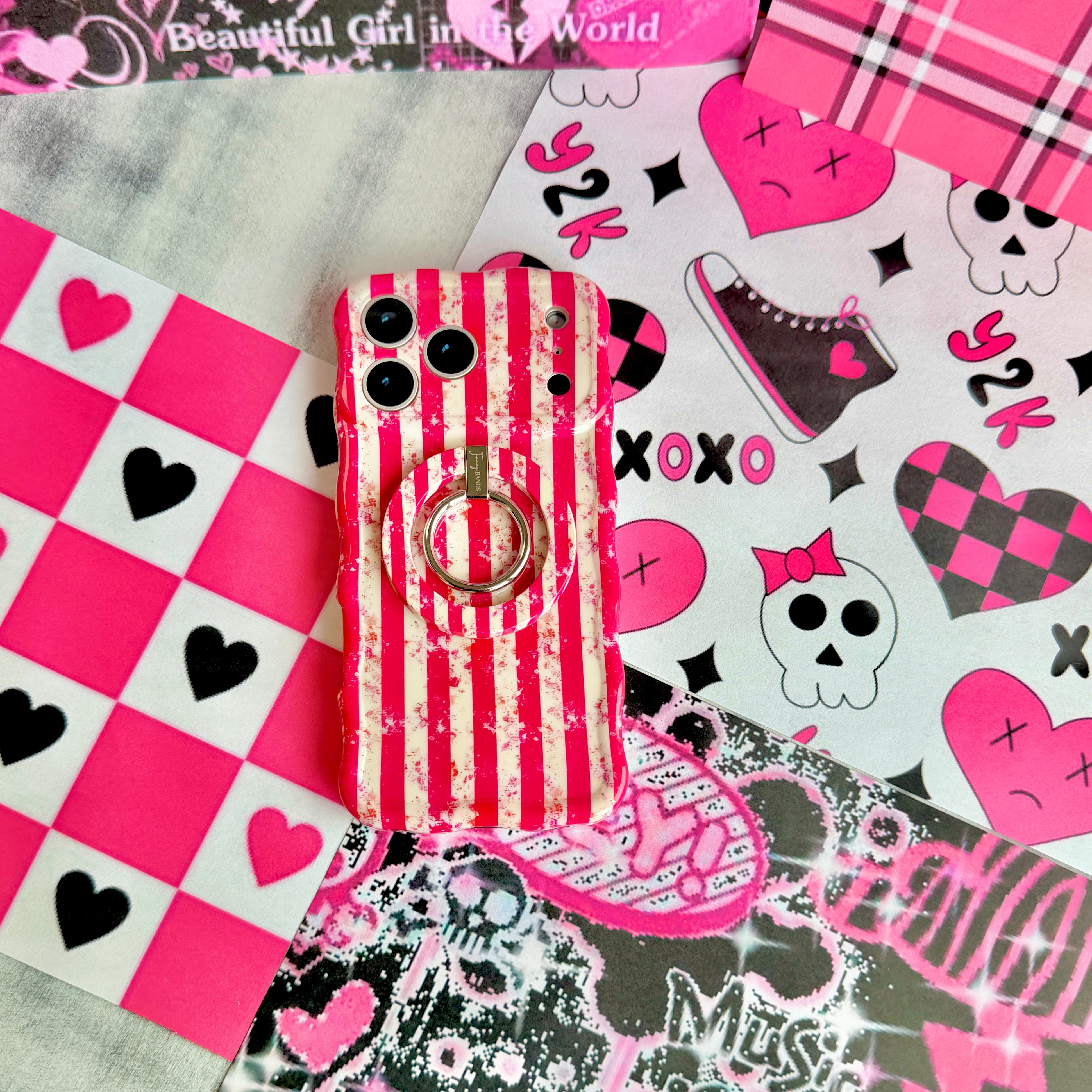 Trendy wavy iPhone case featuring a distressed pink and cream candy stripe pattern with a textured grunge static overlay and high-gloss finish.