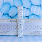 Bluebell Bunny Apple Watch band with blue floral pattern and bunny silhouettes on white background with blue balloons

