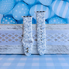 Bluebell Bunny Apple Watch band with blue floral pattern and bunny silhouettes on white background with blue balloons
