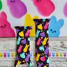 Neon Bunny Bash Apple Watch band with colorful peeps bunnies in pink, purple, yellow, and turquoise on black background
