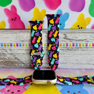 Neon Bunny Bash Apple Watch band with colorful peeps bunnies in pink, purple, yellow, and turquoise on black background
