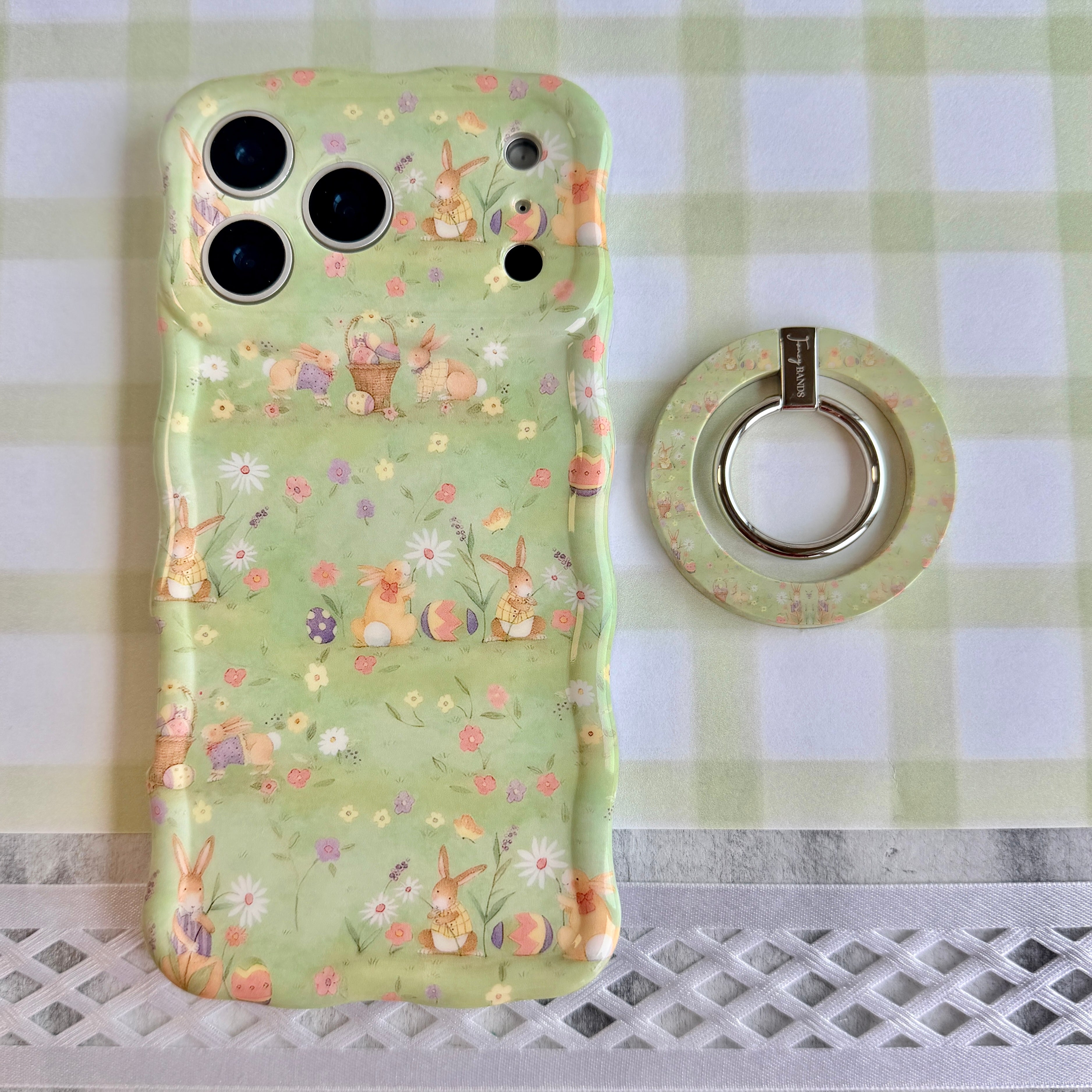 Vintage Easter pattern MagSafe phone grip ring with watercolor bunnies eggs and baskets on sage green background compatible with iPhone and Samsung