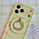 Vintage Easter pattern MagSafe phone grip ring with watercolor bunnies eggs and baskets on sage green background compatible with iPhone and Samsung
