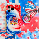 Sweet Freedom 250 patriotic watercolor MagSafe phone grip ring with swirling red white and blue pattern and white stars compatible with iPhone and Samsung