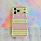 Wavy iPhone case featuring horizontal stripes in bubblegum pink, lavender, mint green, and yellow with a glossy finish.