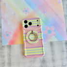 Wavy iPhone case featuring horizontal stripes in bubblegum pink, lavender, mint green, and yellow with a glossy finish.