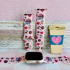 coffee before talkie apple watch band – blush silicone with coffee cups, beans and donuts; fits 38–49 mm