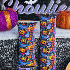 silicone apple watch strap closeup – jack-o-lantern jive print, purple and blue swirls
