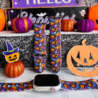 jack-o-lantern jive apple watch band – black silicone with neon pumpkins, ghosts and swirls; fits 38–49 mm