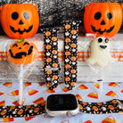 sweet & spooky apple watch band – black silicone with pumpkins and ghosts; fits 38–49 mm

