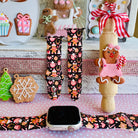 merry mugs & ginger hugs Christmas apple watch band – black silicone with cocoa mugs, gingerbread and candy canes; fits 38–49 mm