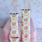 Ribbons & Roses Apple Watch band with pink roses and ribbon bows on cream background with pink rose and ribbon decorations
