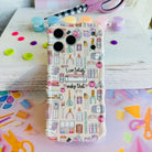 Phone case with stationery-themed design on a colorful background