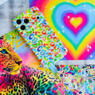 Wavy iPhone case featuring a vibrant neon rainbow leopard print with a high-gloss finish.