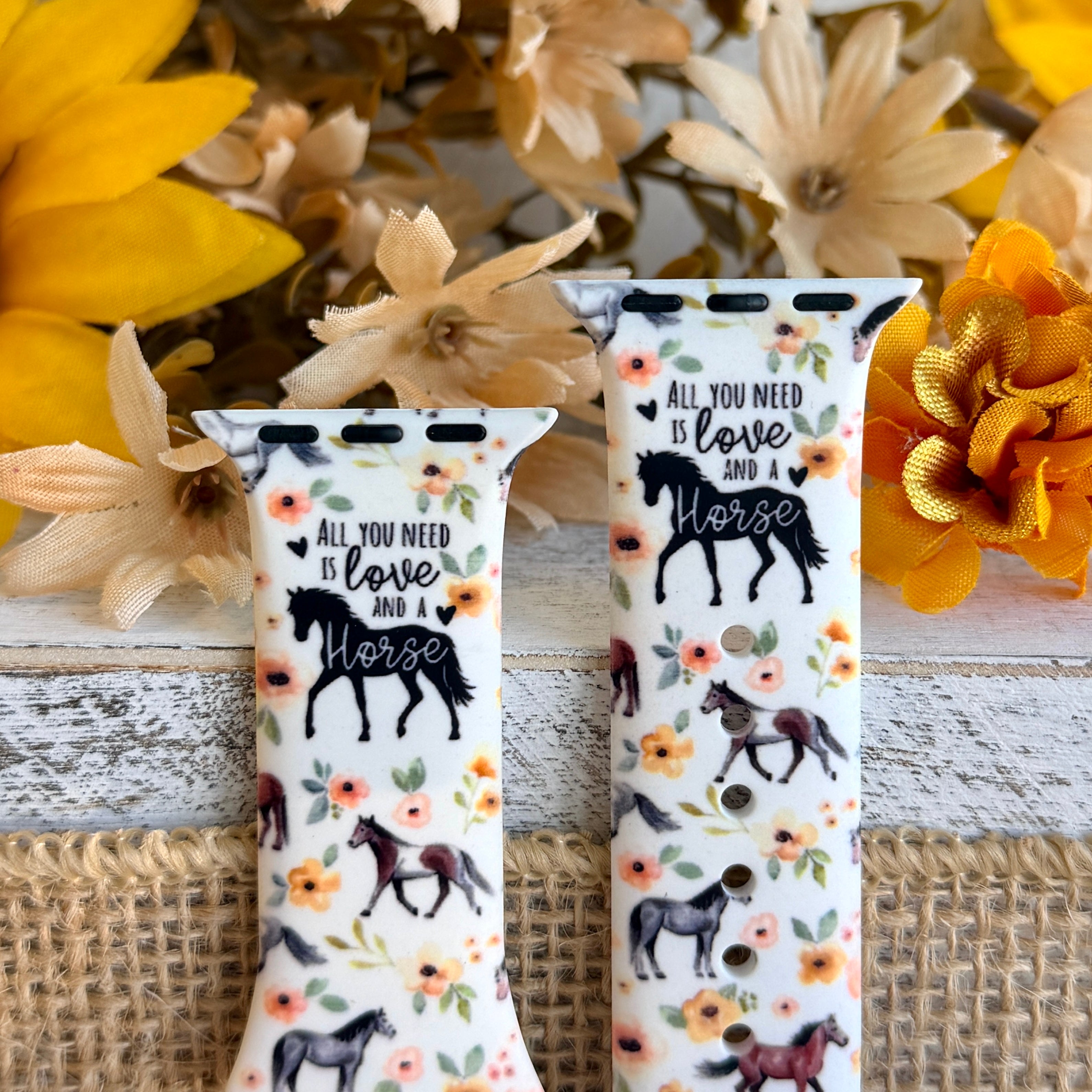 Equestrian Bloom Apple Watch band with horse silhouettes and floral print styled with sunflowers and rustic decor