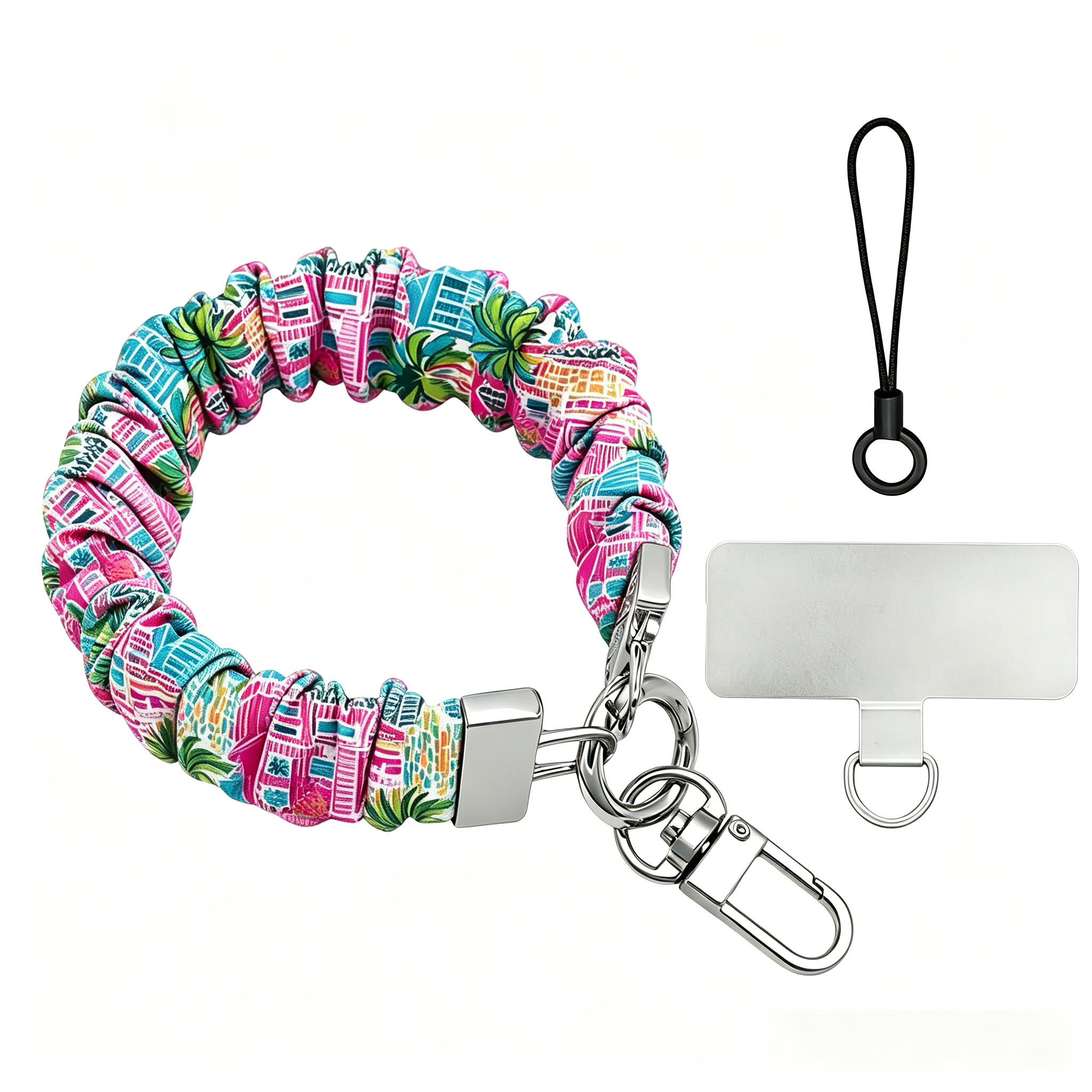 A vibrant La Palma Villa phone scrunchie wrist strap attached to a matching Wavy Luxe phone case with a colorful pink, green, and blue tropical palm tree print.