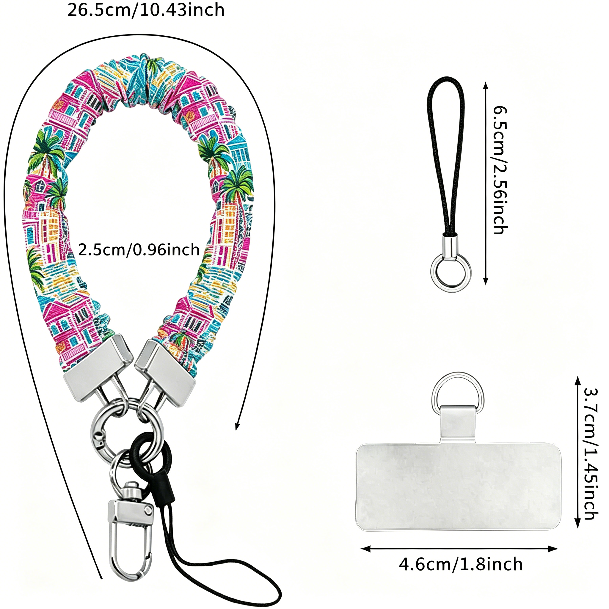 A vibrant La Palma Villa phone scrunchie wrist strap attached to a matching Wavy Luxe phone case with a colorful pink, green, and blue tropical palm tree print.