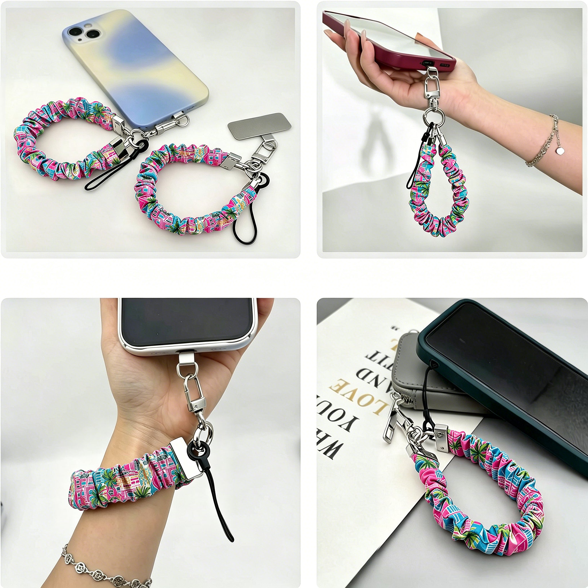 A vibrant La Palma Villa phone scrunchie wrist strap attached to a matching Wavy Luxe phone case with a colorful pink, green, and blue tropical palm tree print.