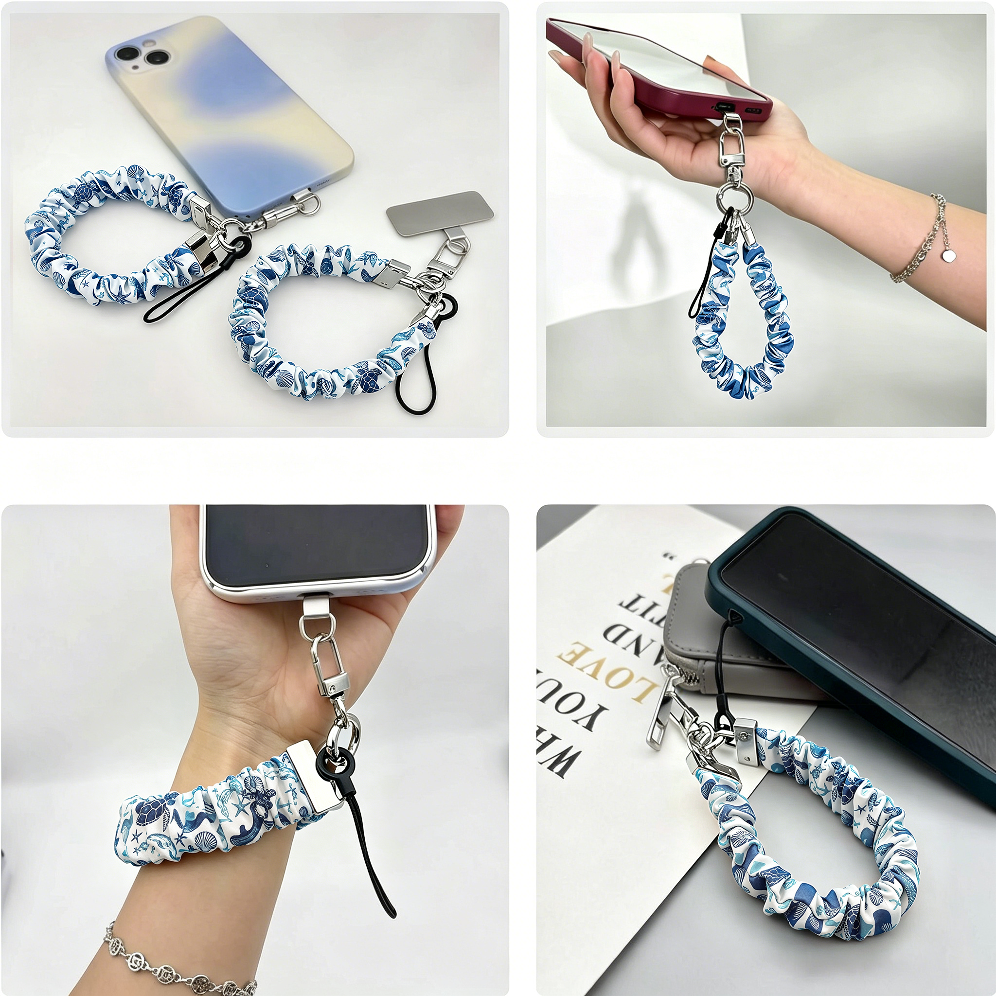 A Blue Lagoon scrunchie phone wrist strap with a blue and white sea turtle and ocean design attached to a matching Wavy Luxe case on a blue starfish background.