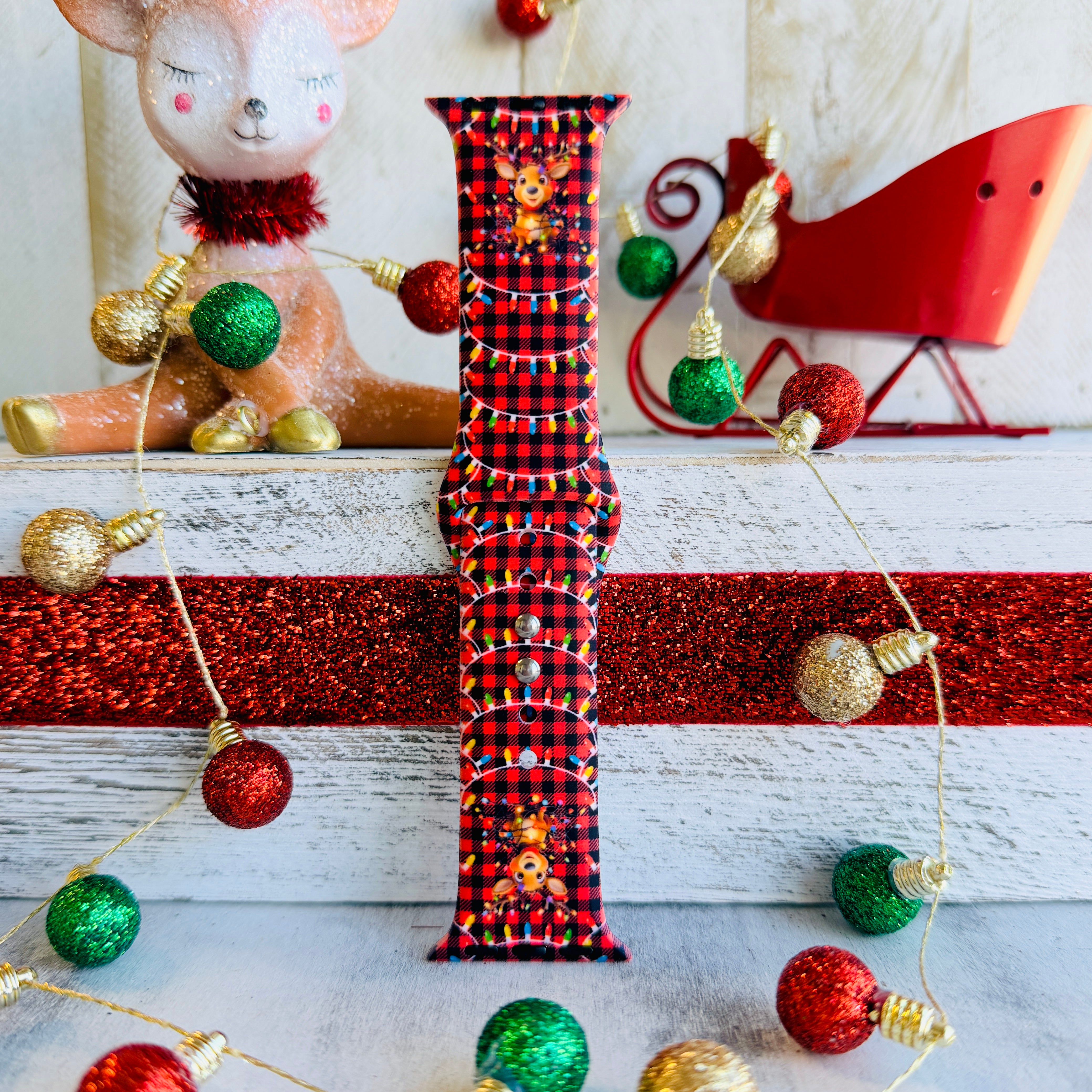Deerlightful rustic Christmas Apple Watch strap with buffalo check and deer pattern
