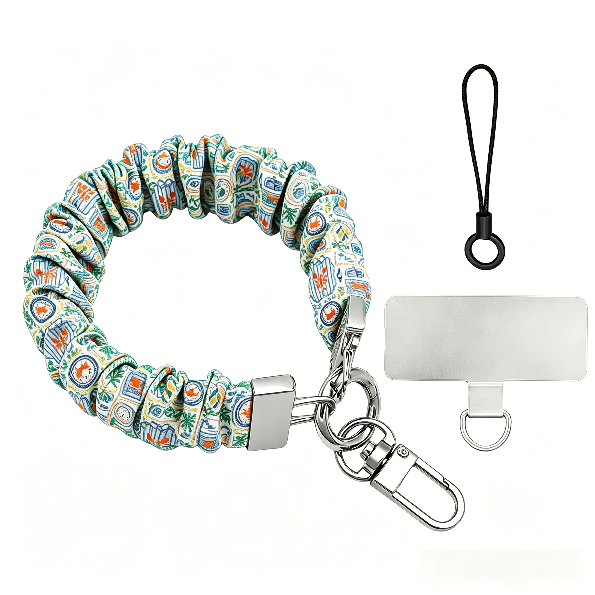 A Coastal Catch scrunchie phone wrist strap featuring a blue tile, orange lobster, and yellow lemon pattern attached to a matching Wavy Luxe phone case on a blue and white striped background.