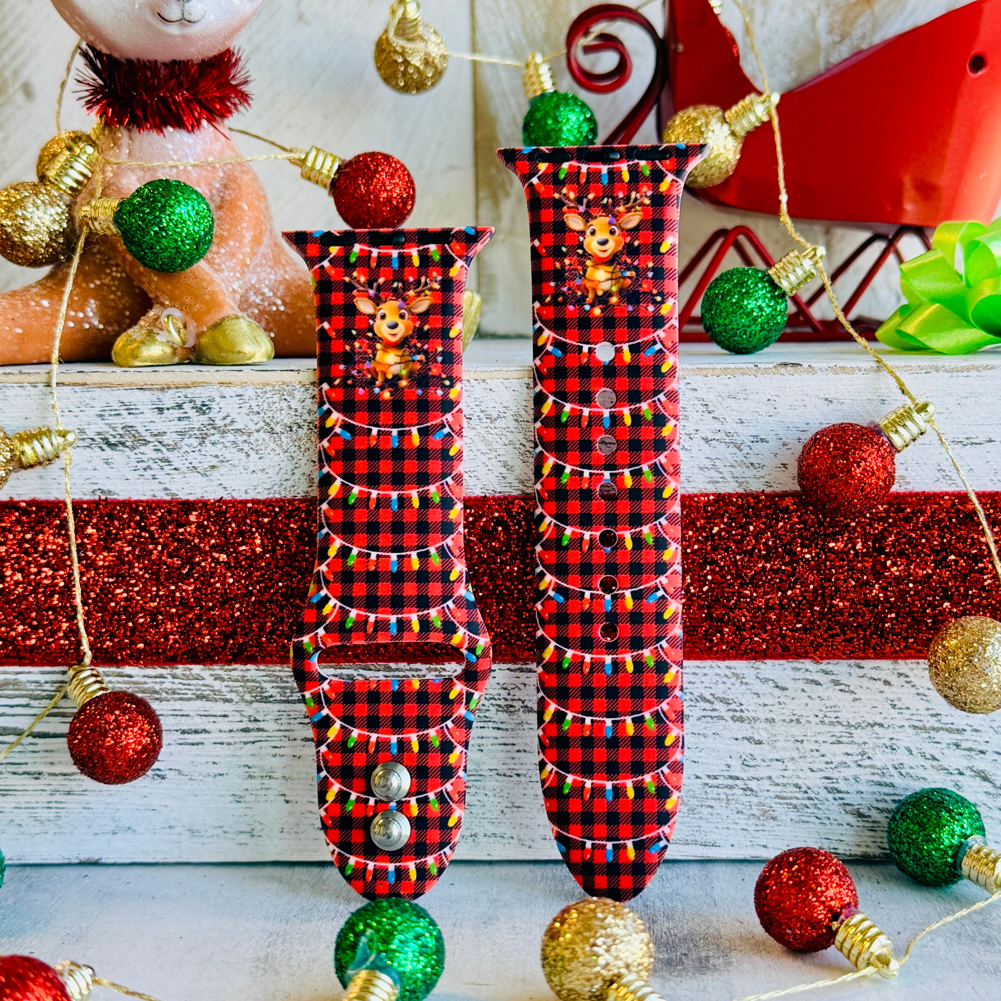 Buffalo plaid Deerlightful Apple Watch band perfect for winter holidays and cozy season
