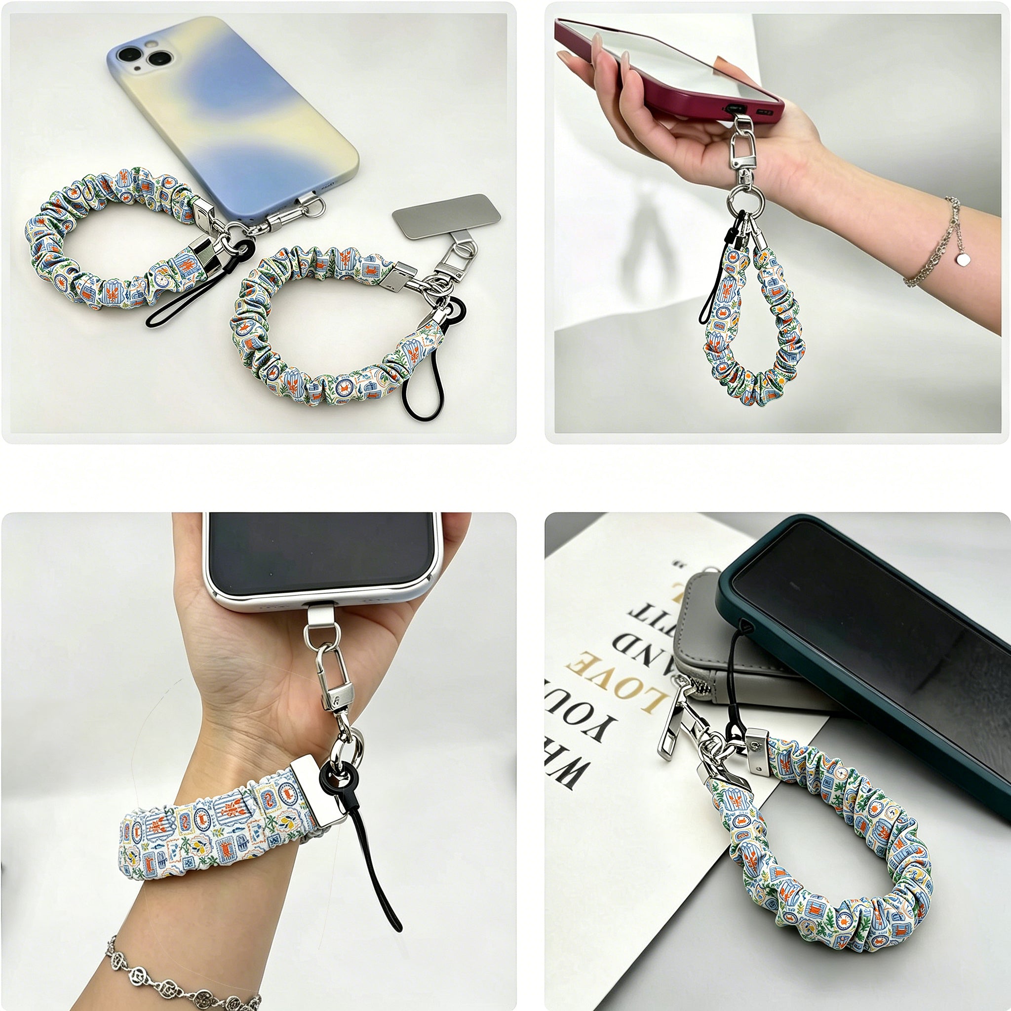 A Coastal Catch scrunchie phone wrist strap featuring a blue tile, orange lobster, and yellow lemon pattern attached to a matching Wavy Luxe phone case on a blue and white striped background.