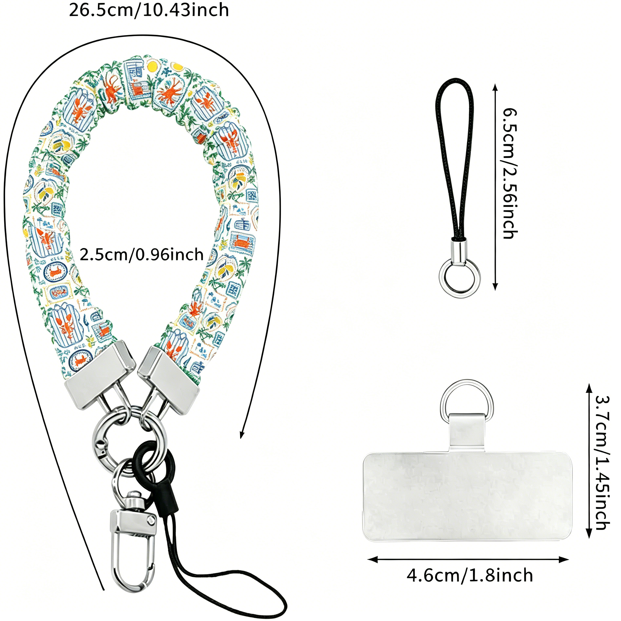 A Coastal Catch scrunchie phone wrist strap featuring a blue tile, orange lobster, and yellow lemon pattern attached to a matching Wavy Luxe phone case on a blue and white striped background.