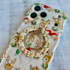 Phone case with Christmas-themed design featuring Santa Claus and reindeer on a gray background