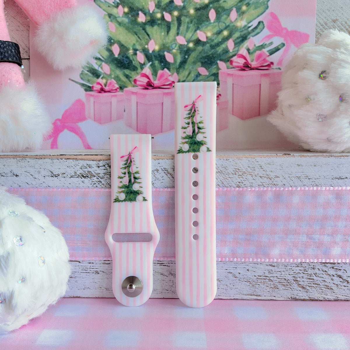 Pretty in PinkMas Samsung watch band straps with white pom-poms, pink stripes and watercolor Christmas trees